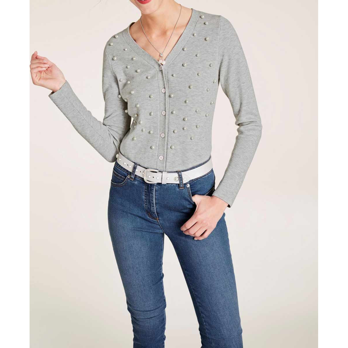 Designer-Strickjacke m. Perlen grau-melange