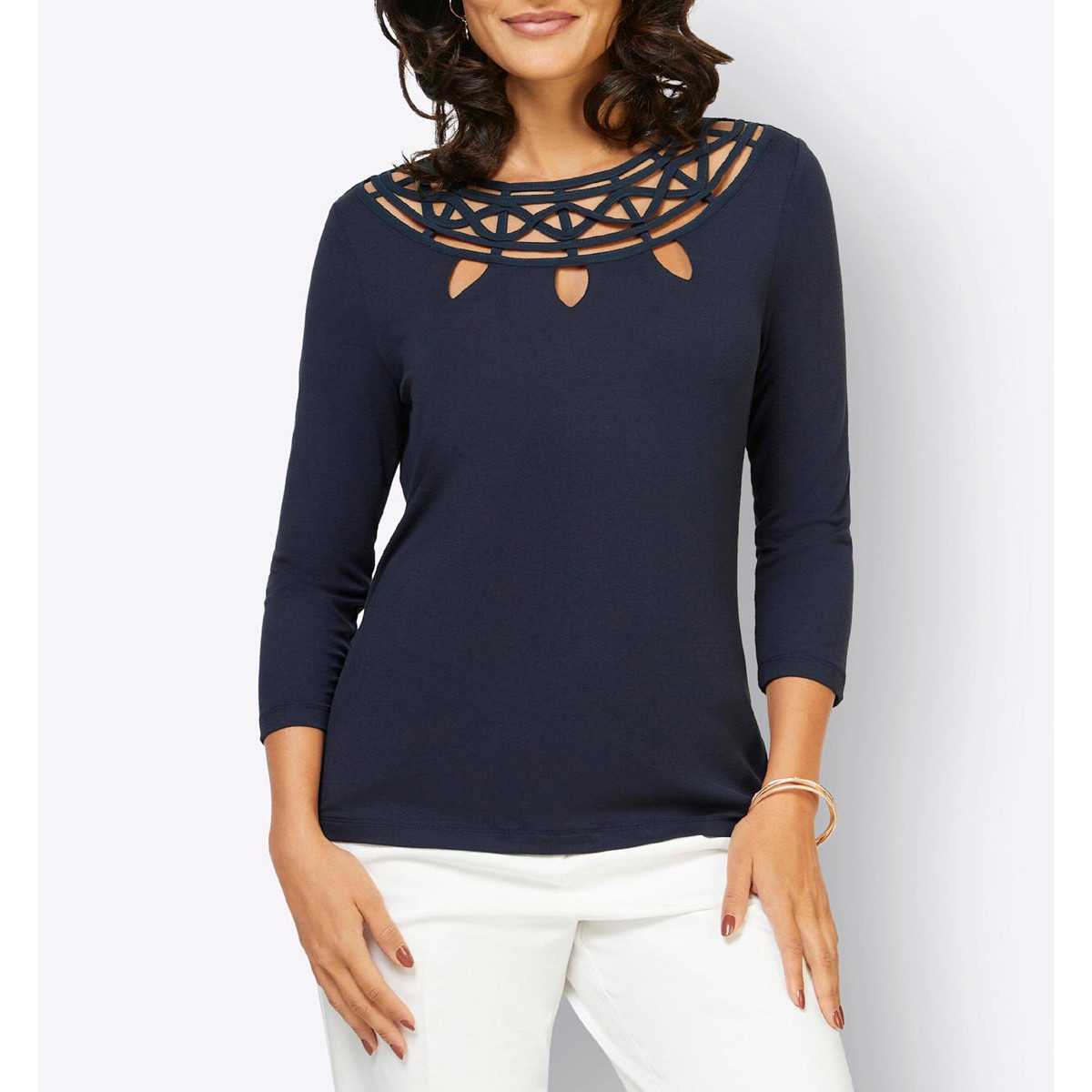 3/4-Arm-Shirt m. Cut-Out und Spitze marine