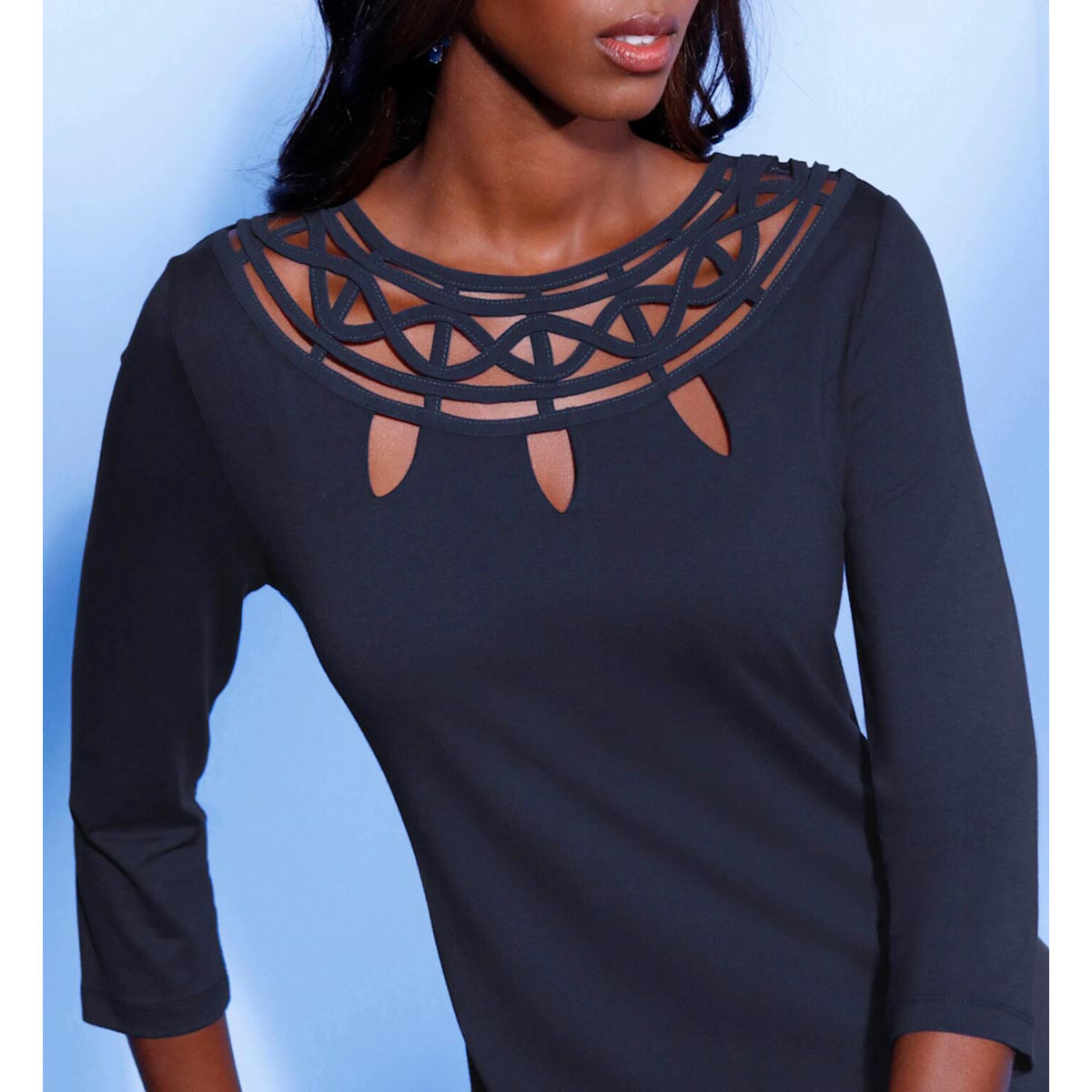 3/4-Arm-Shirt m. Cut-Out und Spitze marine