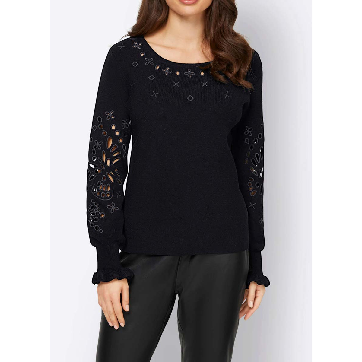 Designer-Pullover m. Lochmusterstickerei schwarz