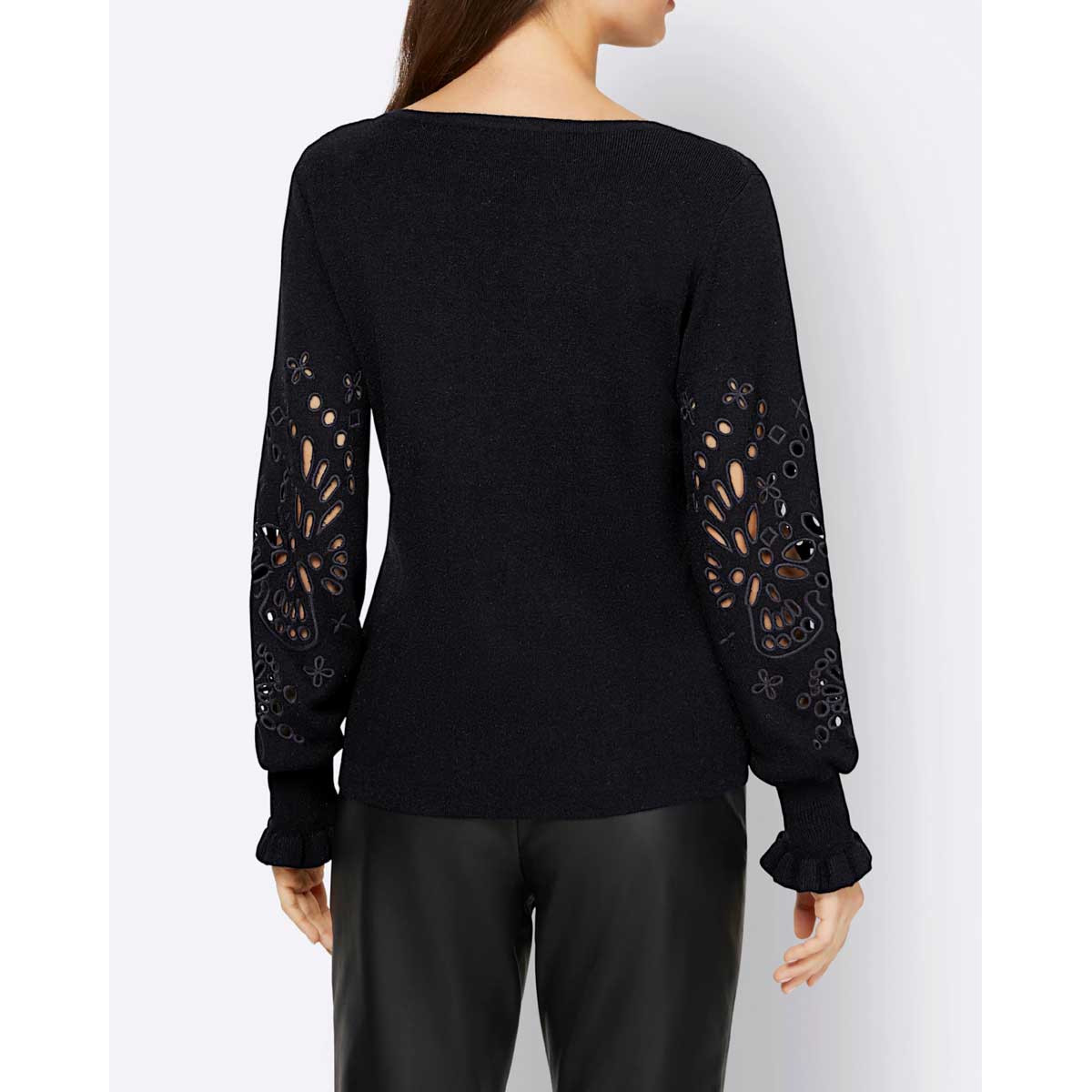 Designer-Pullover m. Lochmusterstickerei schwarz
