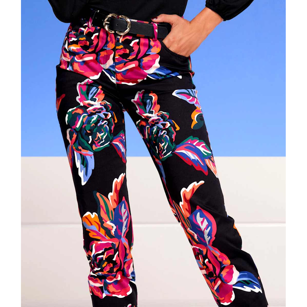 Designer-Druck-Stretchhose schwarz-magenta