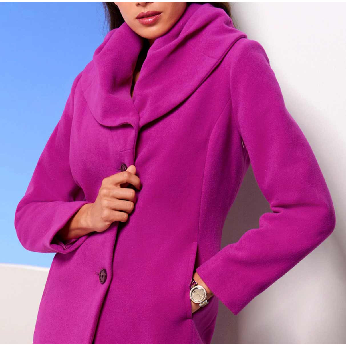 Designer-Wollmantel m. Bindegürtel magenta