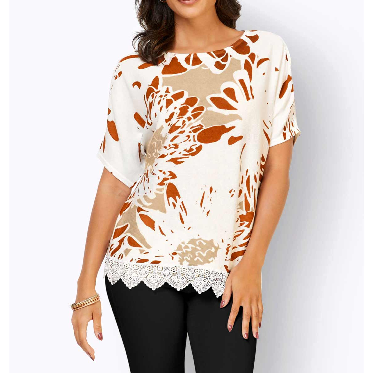 Druckpullover m.Cut-Outs und Spitze ecru-beige