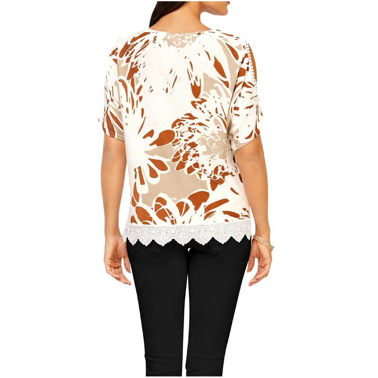Druckpullover m.Cut-Outs und Spitze ecru-beige