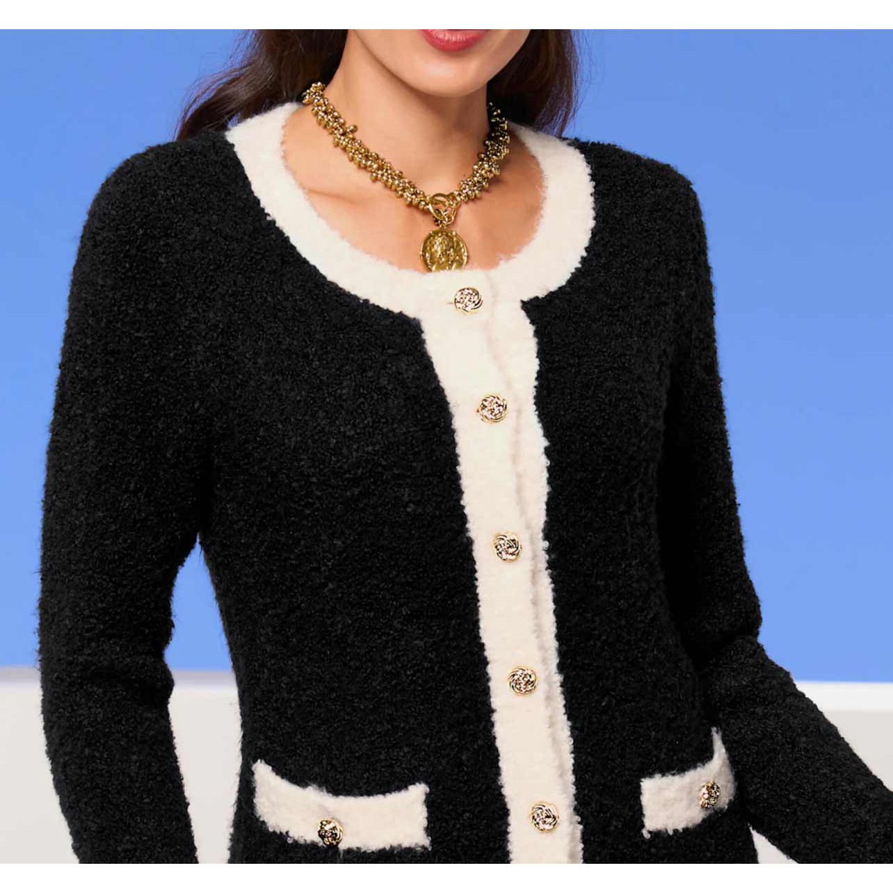 Designer-Wollstrickjacke schwarz-ecru