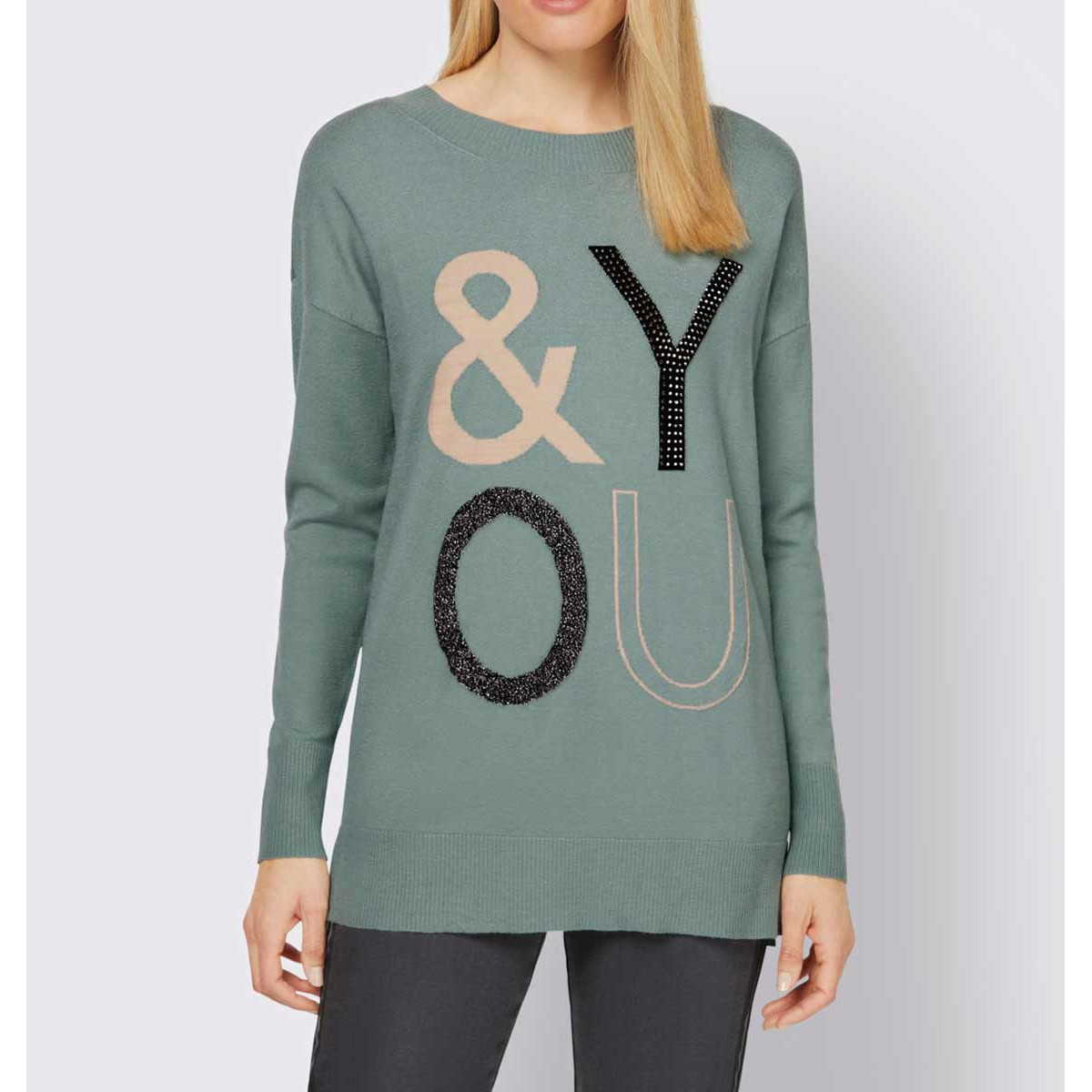 Designer-Pullover m. Applikation jade