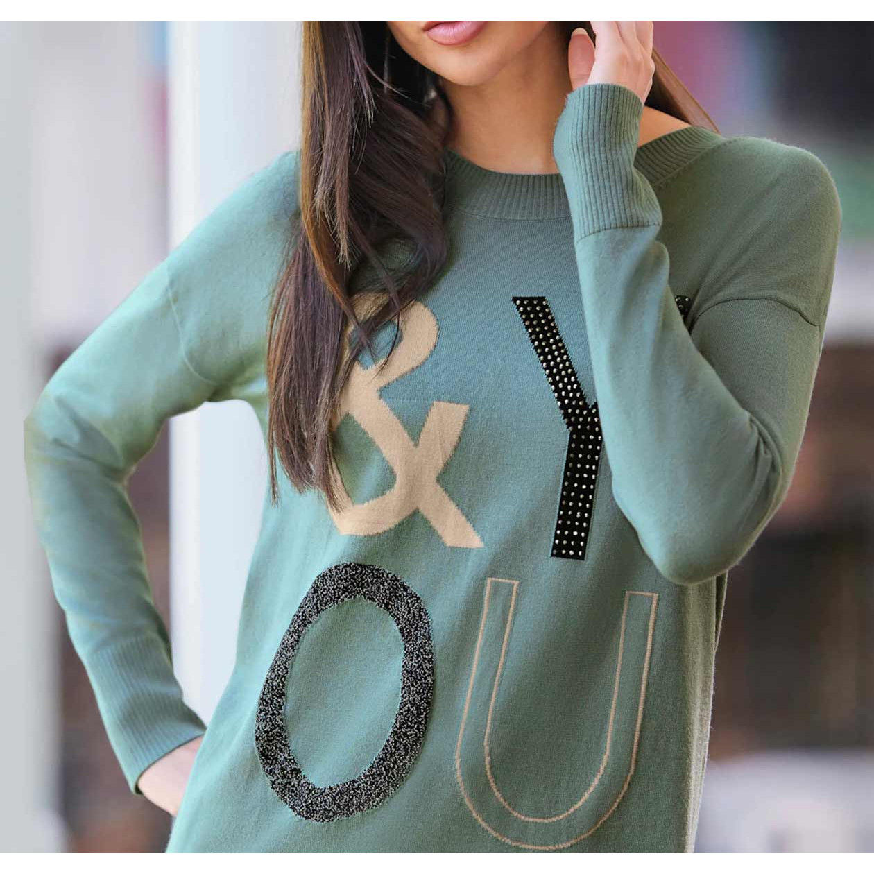 Designer-Pullover m. Applikation jade