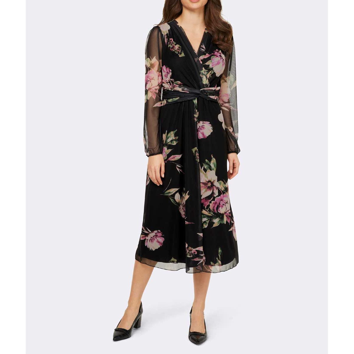 Designer-Mesh-Druckkleid schwarz-rosenquarz