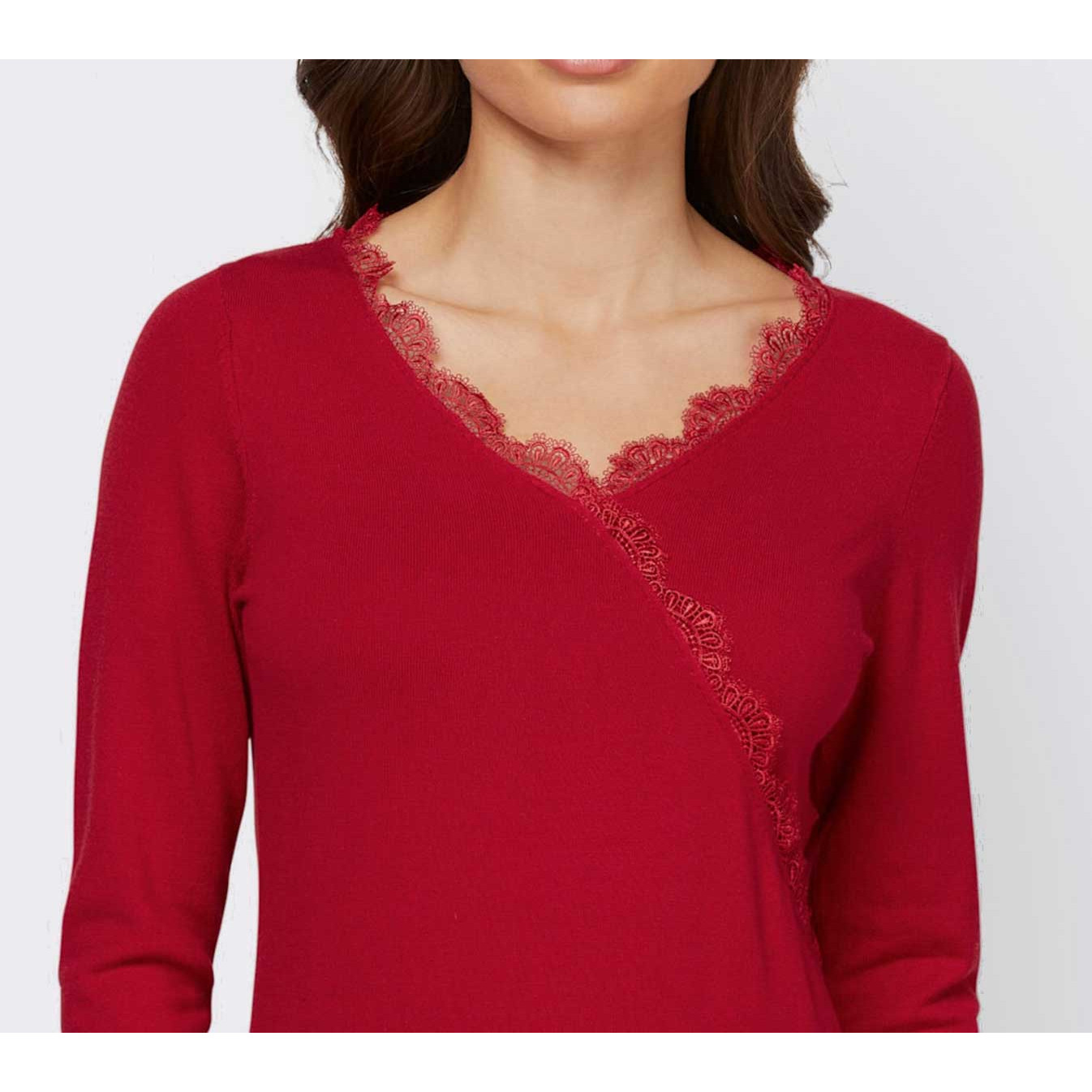 Designer-Wickeloptikpullover m. Spitze rot