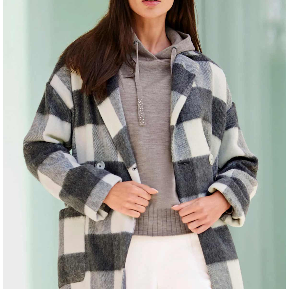 Designer-Woll-Longmantel hellgrau-ecru