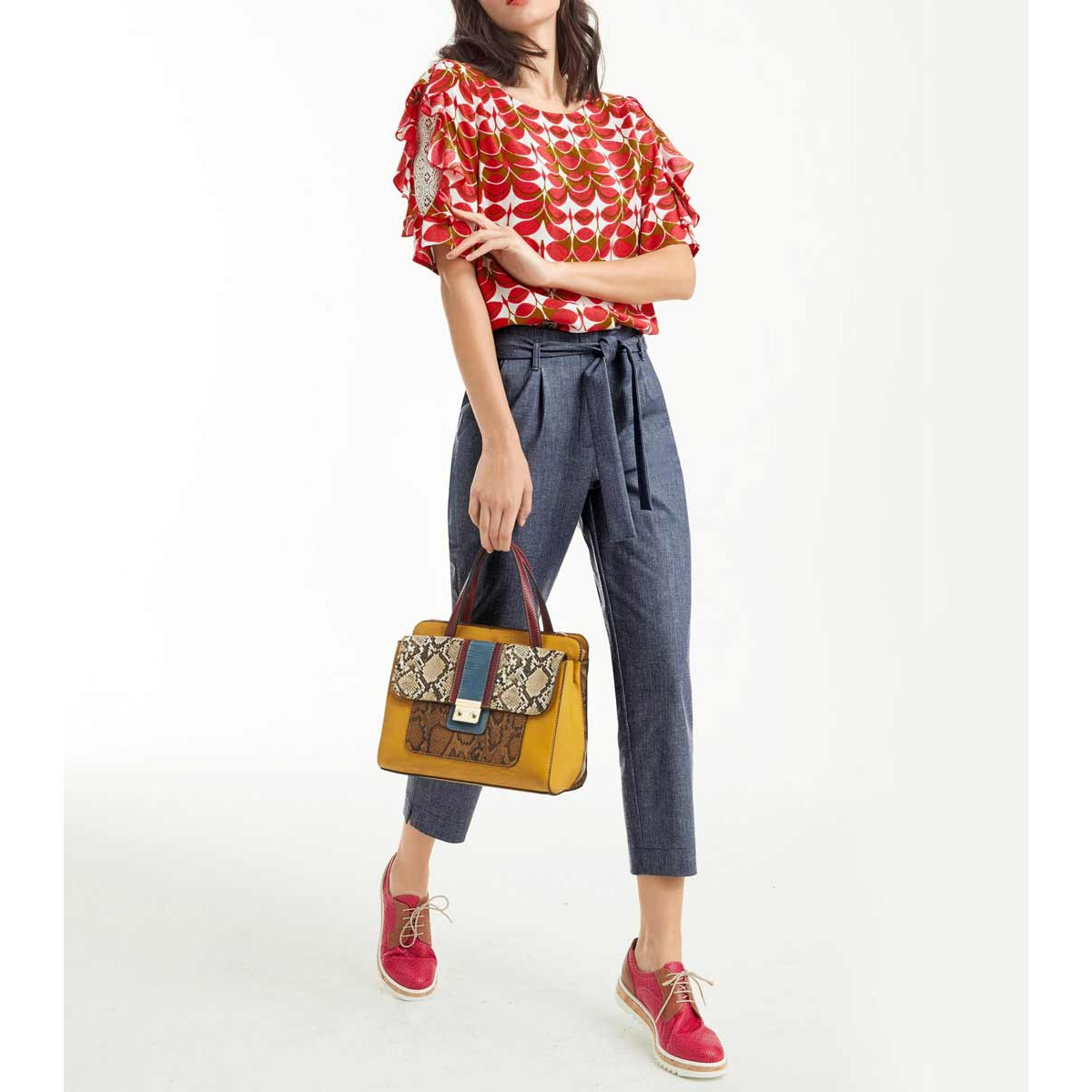 Designer-Druckbluse m. Spitze rot-cognac
