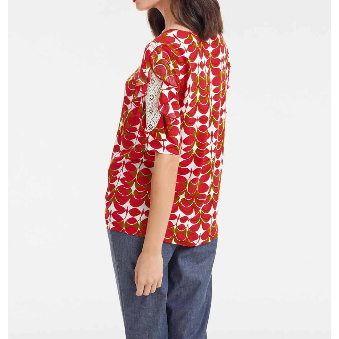 Designer-Druckbluse m. Spitze rot-cognac