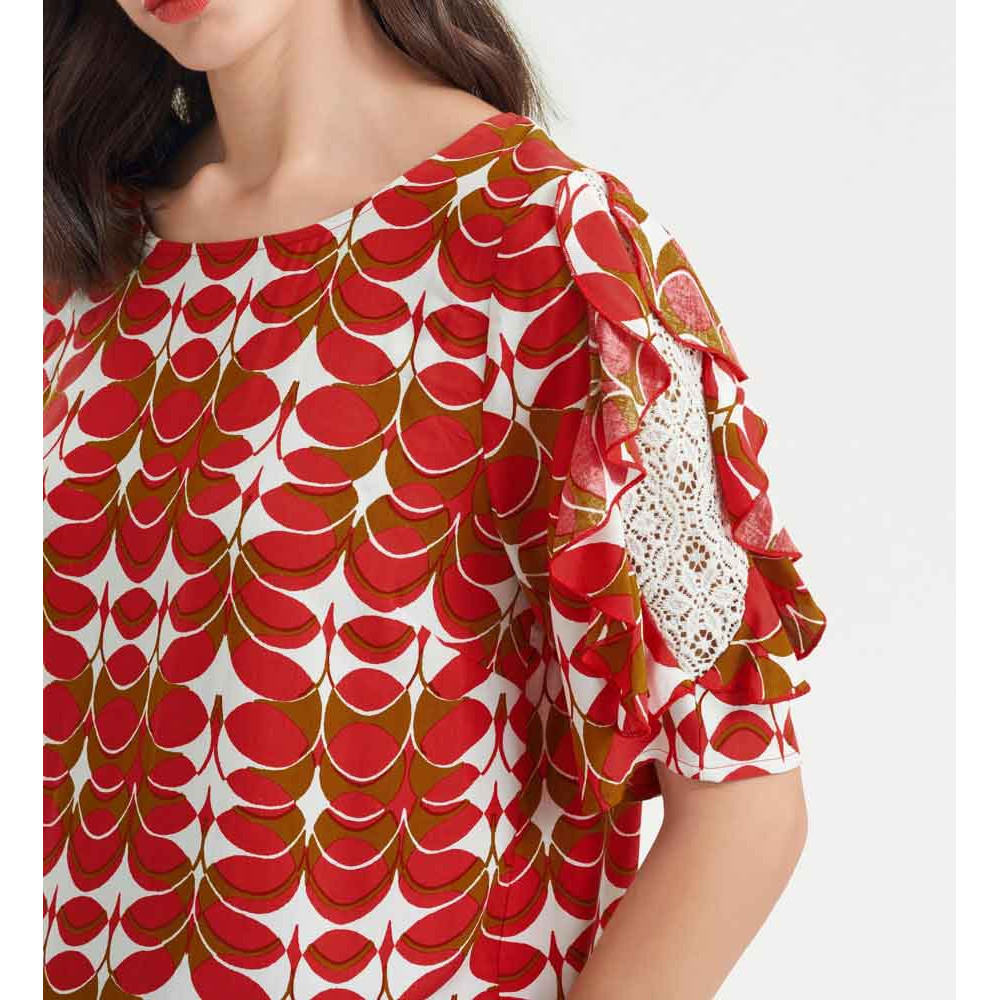 Designer-Druckbluse m. Spitze rot-cognac