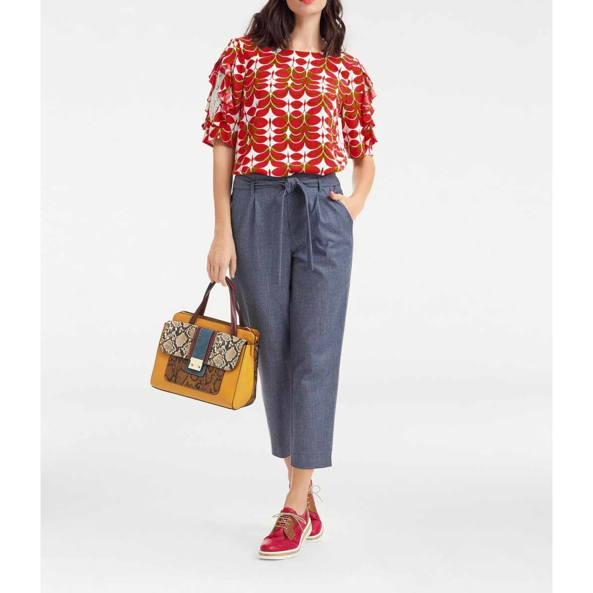 Designer-Druckbluse m. Spitze rot-cognac