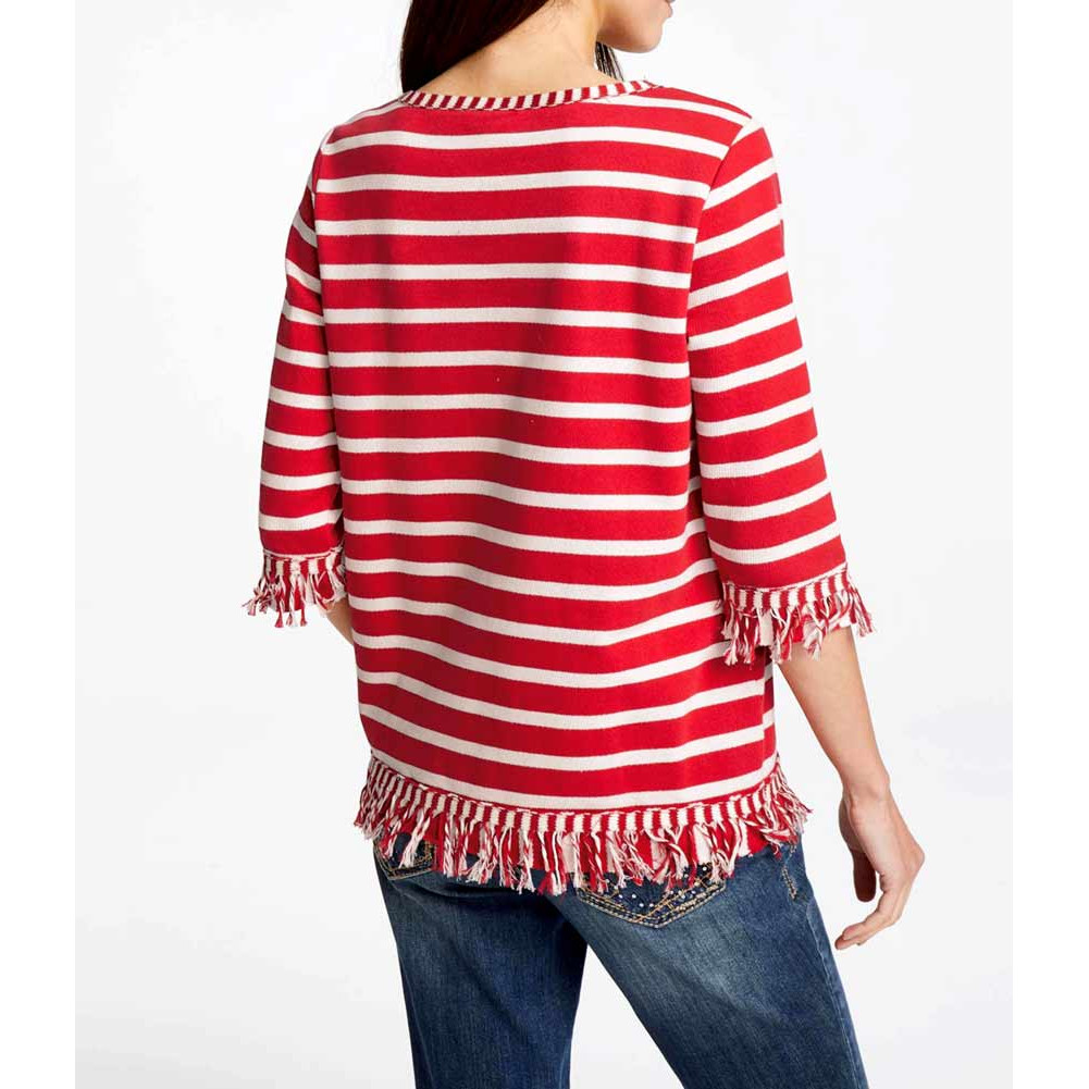 Designer-Pullover m. Fransen ecru-rot