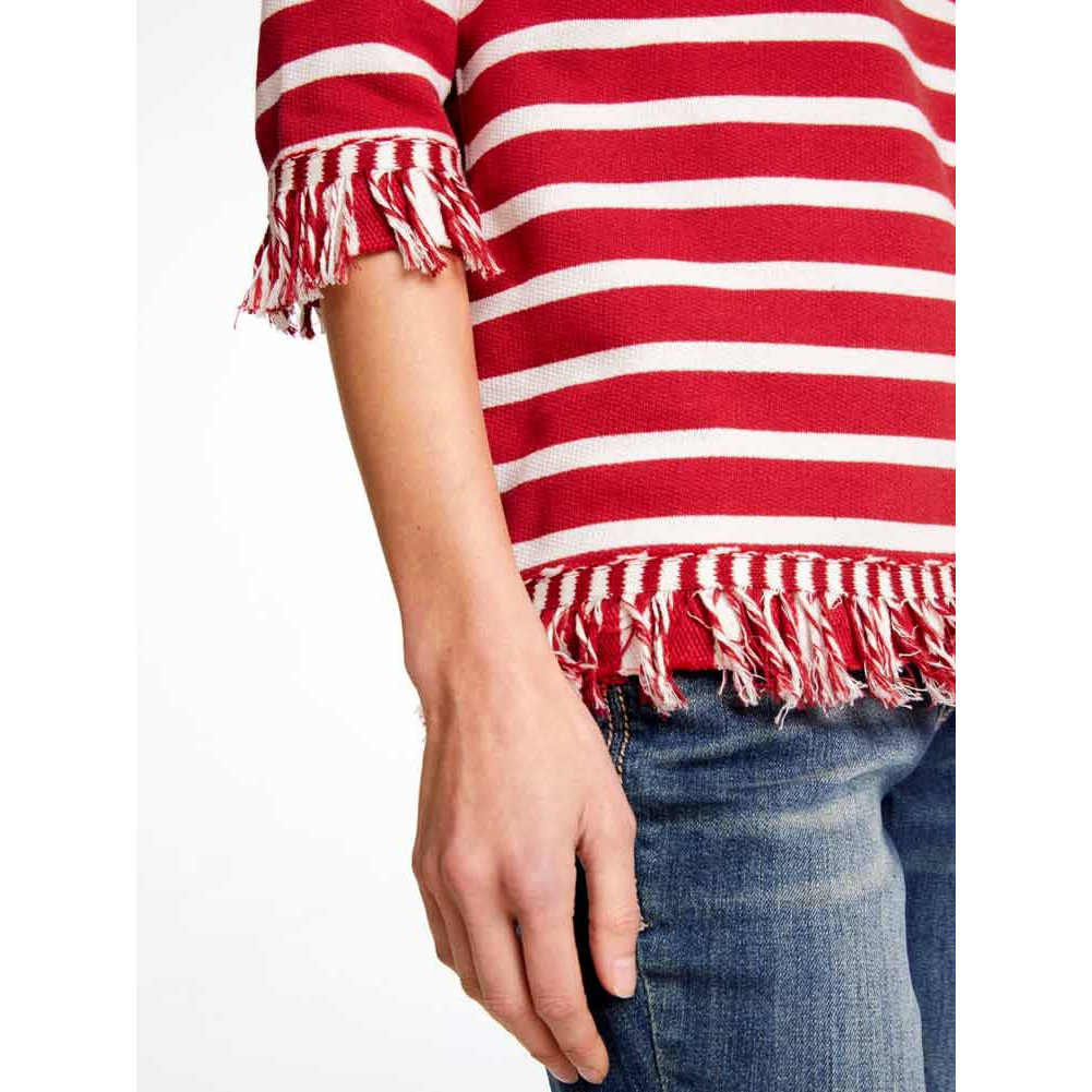 Designer-Pullover m. Fransen ecru-rot