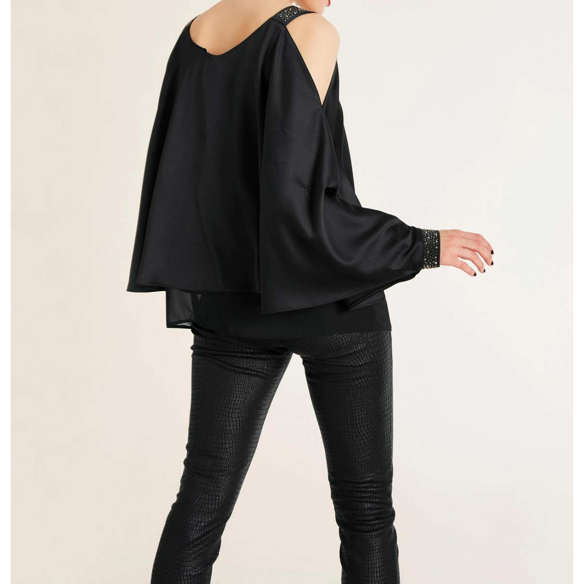 Designer-Satinbluse m. Cut-Outs schwarz