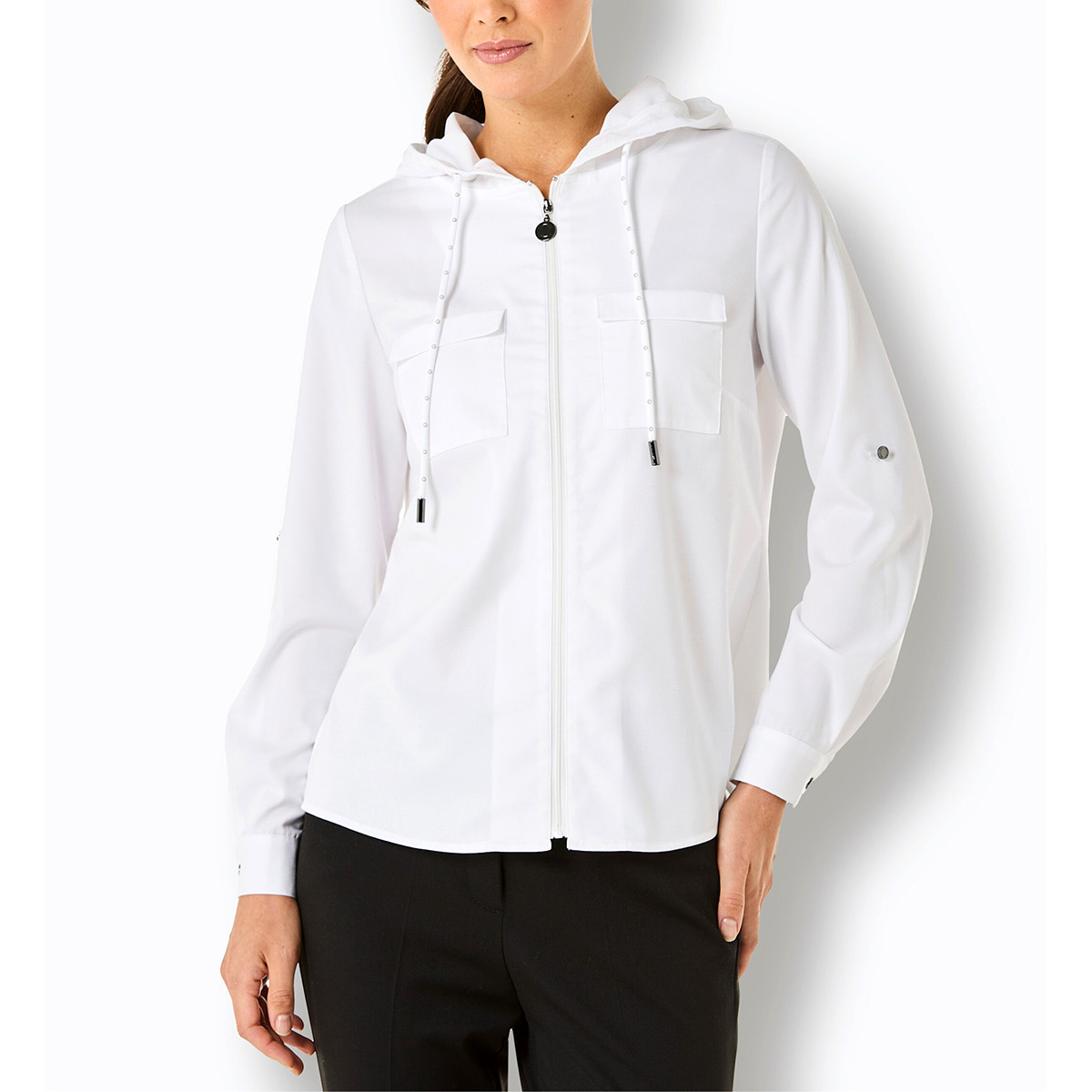 Blusenjacke m. Krempel-Ärmel und Kapuze ecru