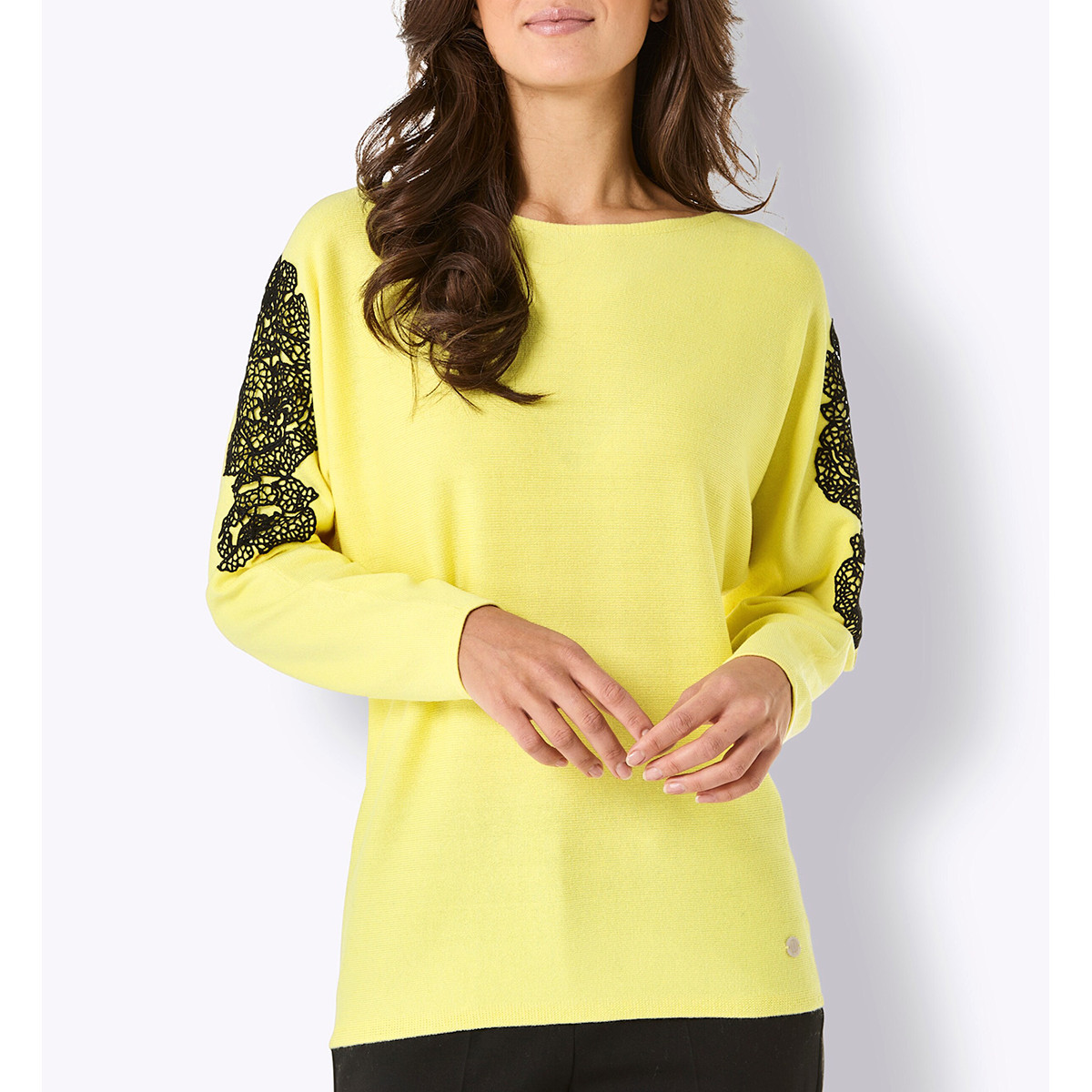 Seiden-Kaschmir-Pullover m. Spitze zitrone-schwarz