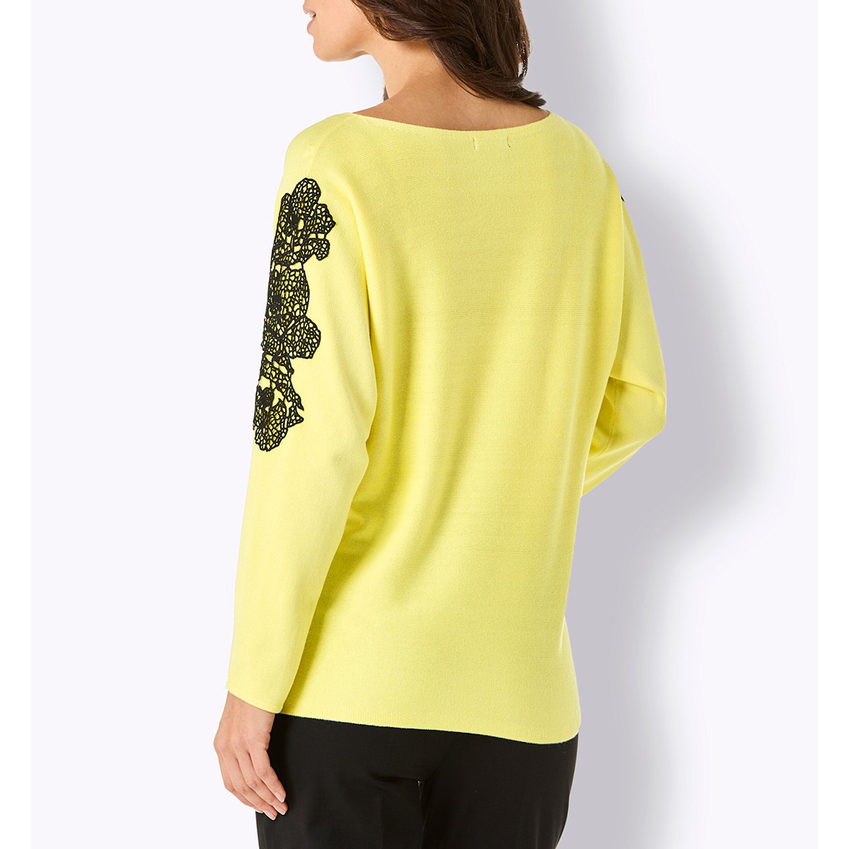 Seiden-Kaschmir-Pullover m. Spitze zitrone-schwarz