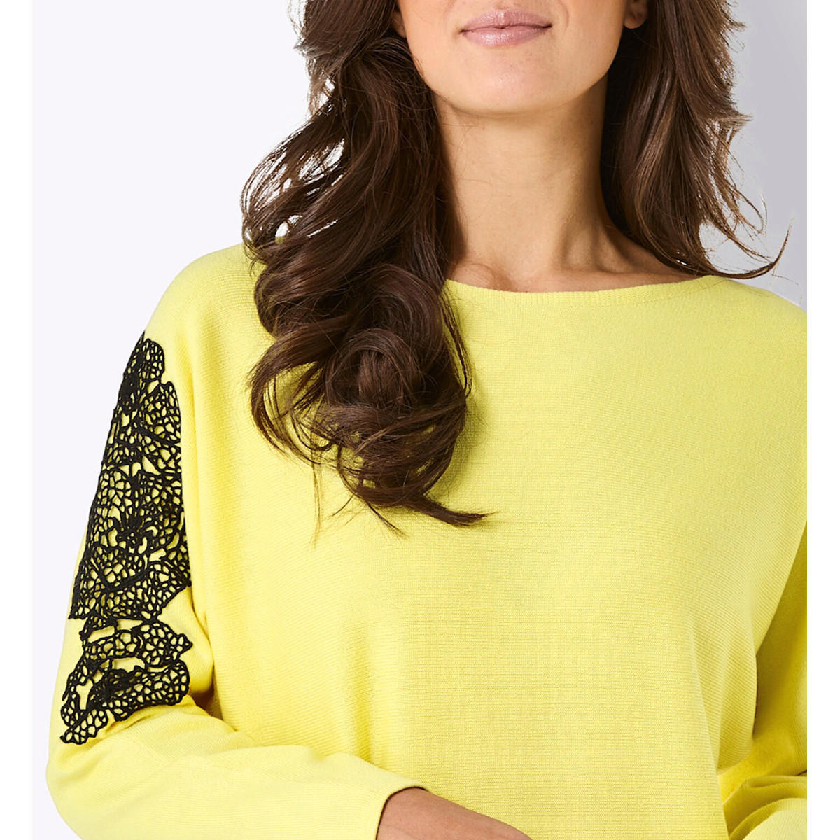 Seiden-Kaschmir-Pullover m. Spitze zitrone-schwarz