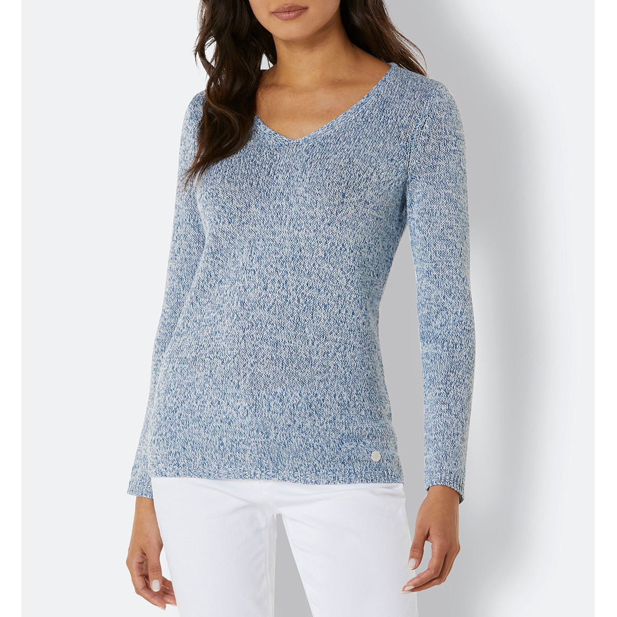 Leinen-Baumwoll-Pullover jeansblau-mint-meliert