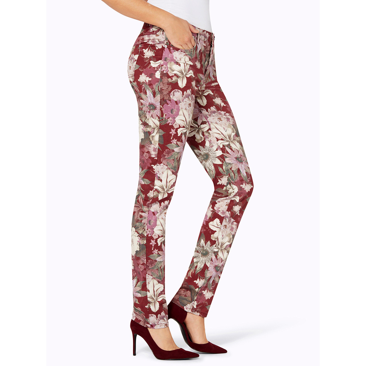 5-Pocket-Jeans m. Blütenprint dunkelrot-bedruckt