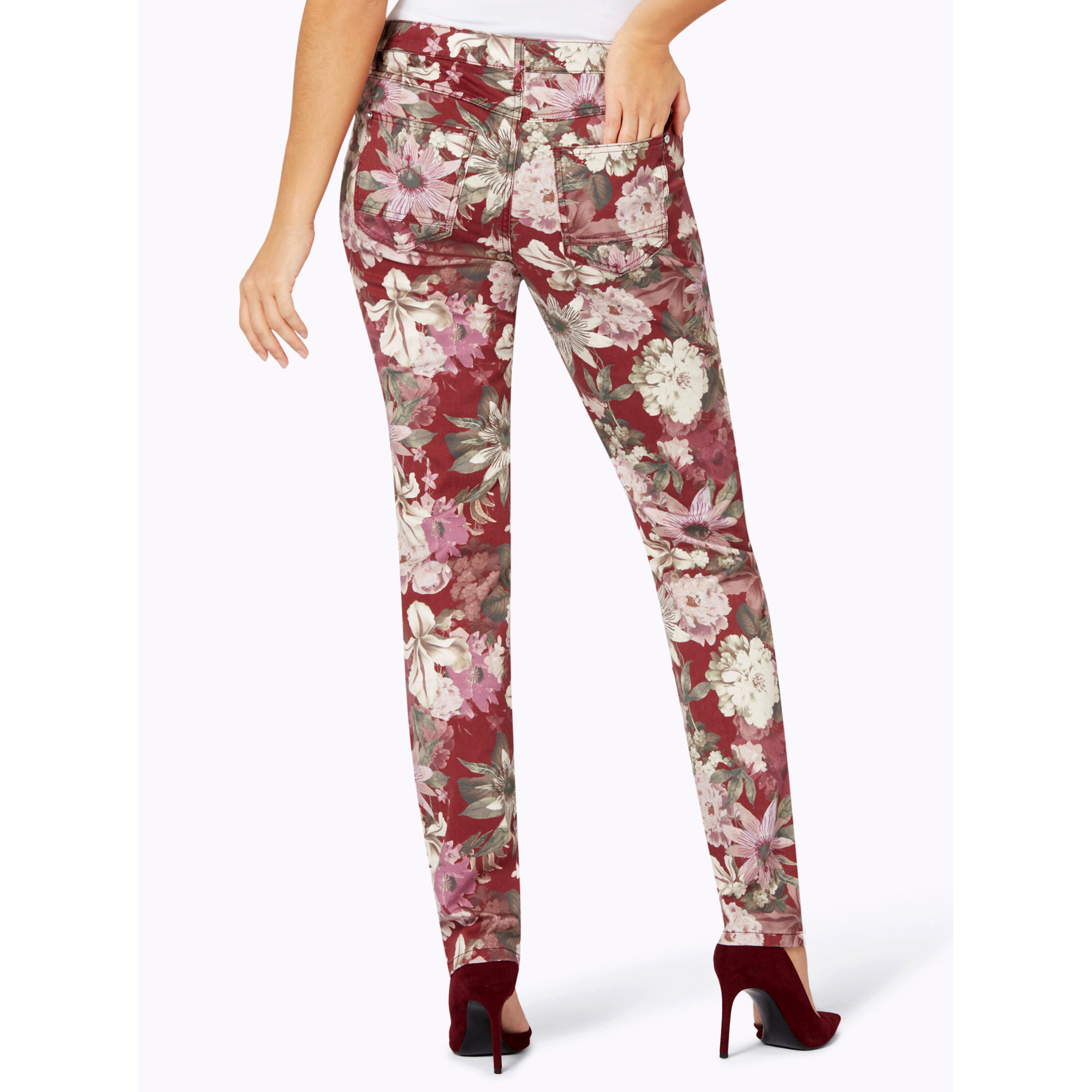 5-Pocket-Jeans m. Blütenprint dunkelrot-bedruckt