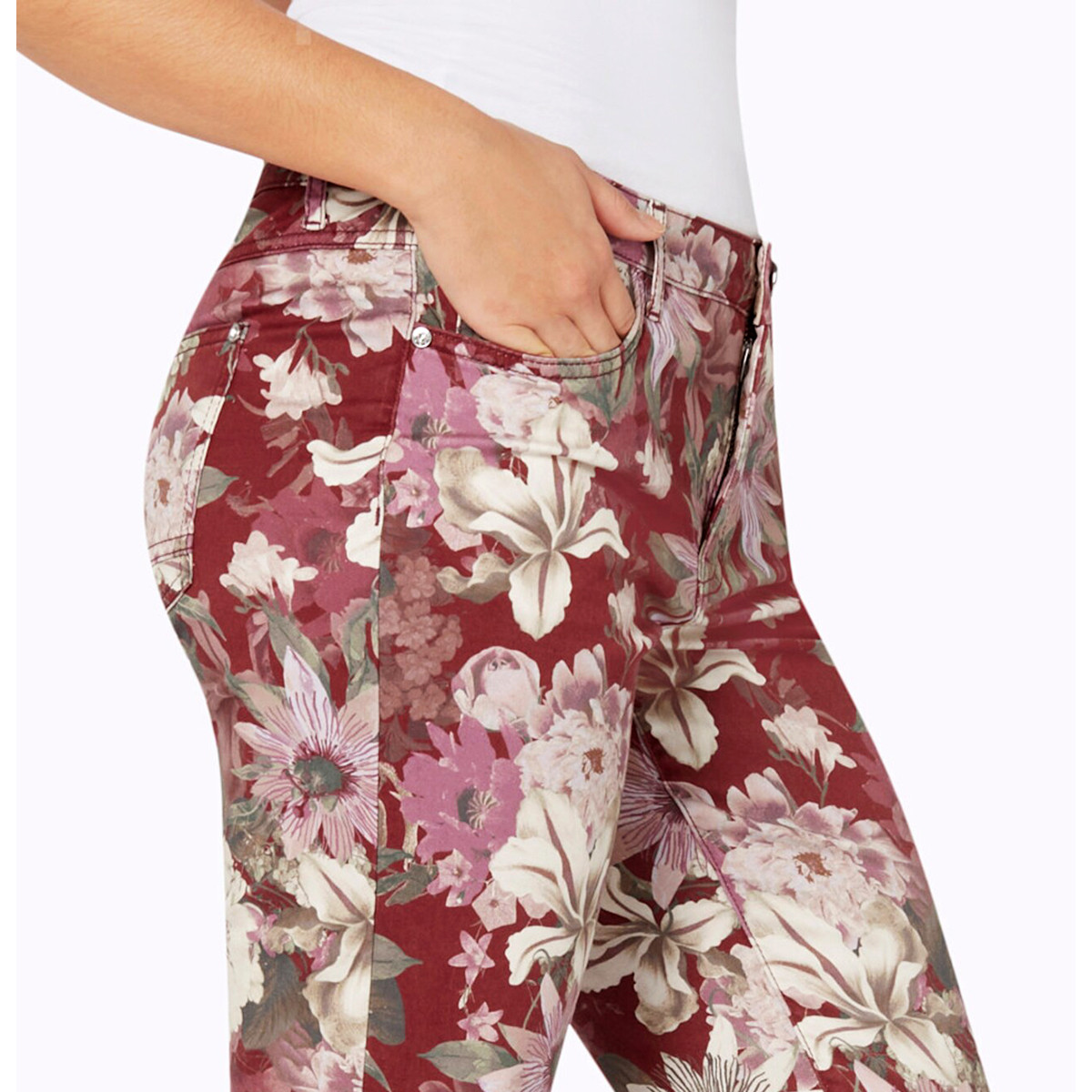 5-Pocket-Jeans m. Blütenprint dunkelrot-bedruckt