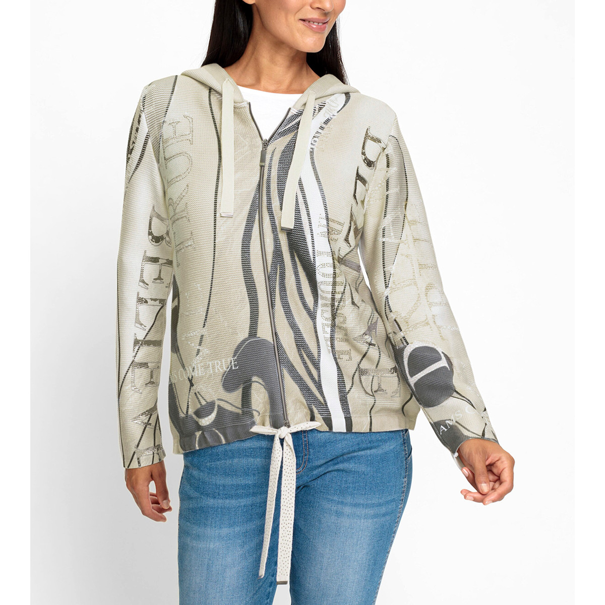 Kapuzenstrickjacke m. Glitzersteinchen-Verzierung sand-anthrazit-bedruckt