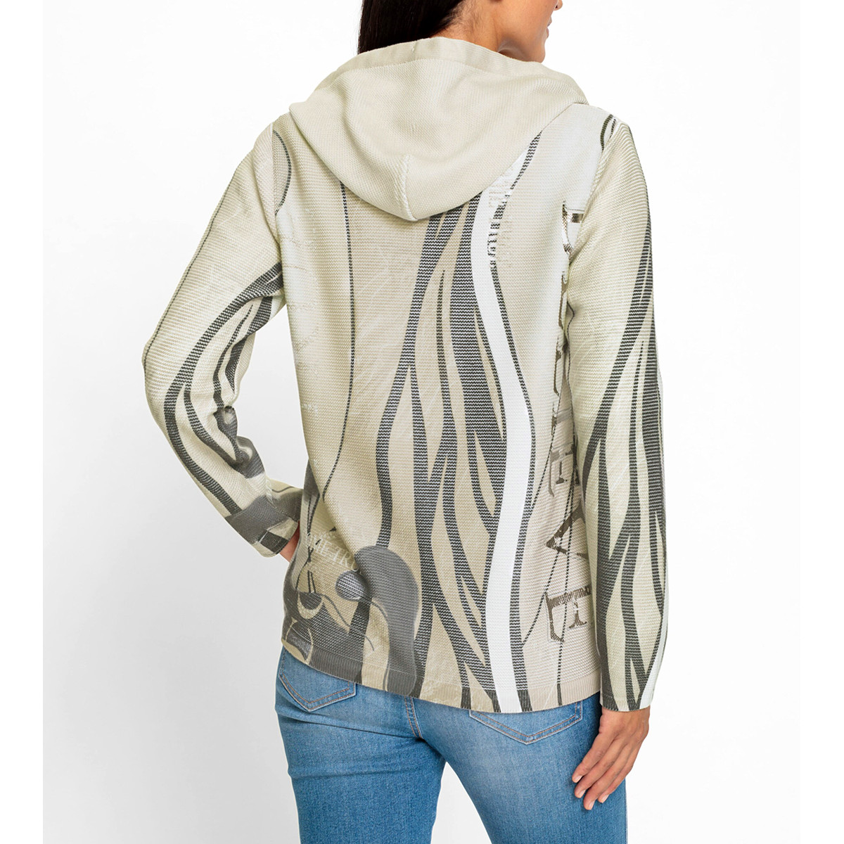 Kapuzenstrickjacke m. Glitzersteinchen-Verzierung sand-anthrazit-bedruckt