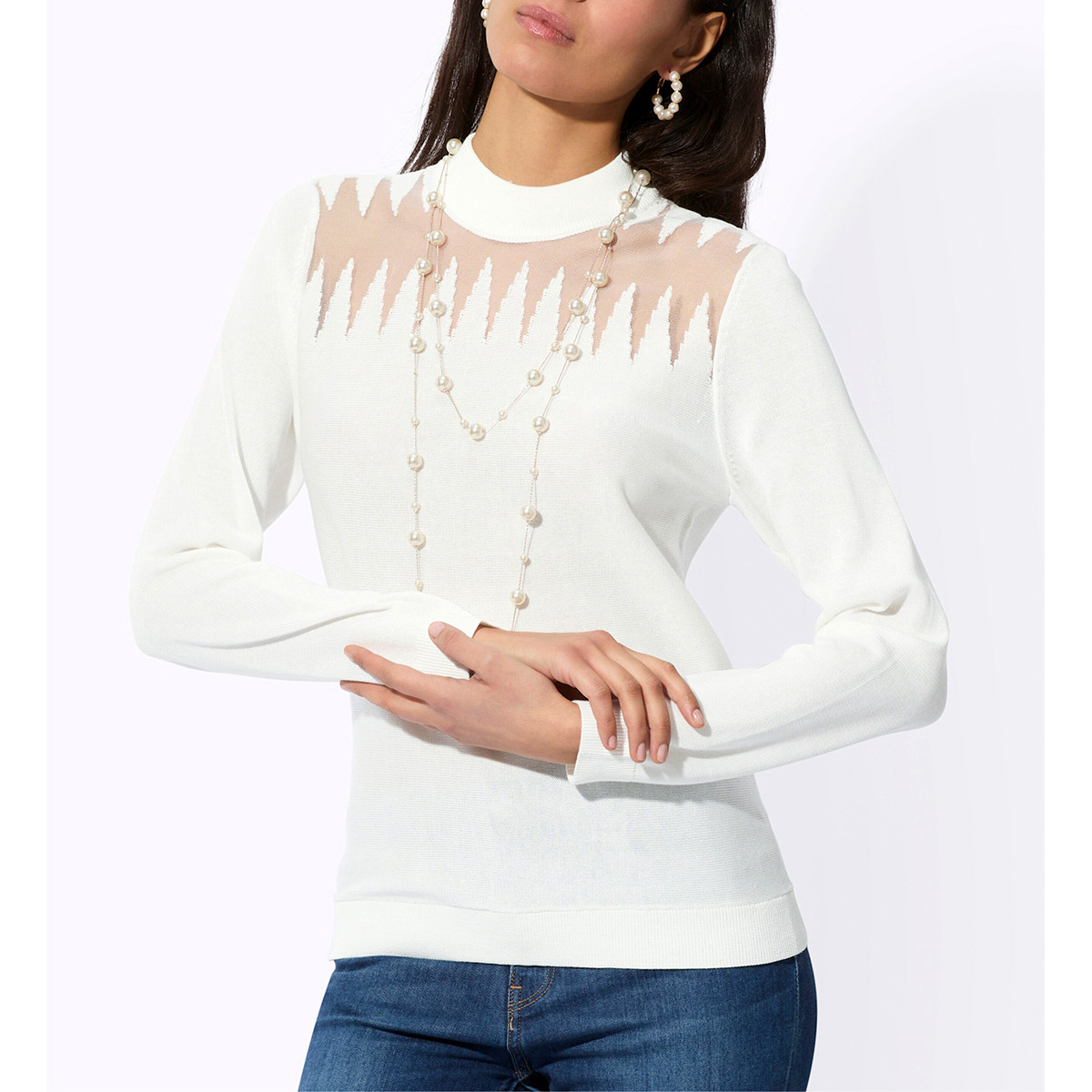 Feinstrickpullover m. Stehkragen und Netzmuster ecru