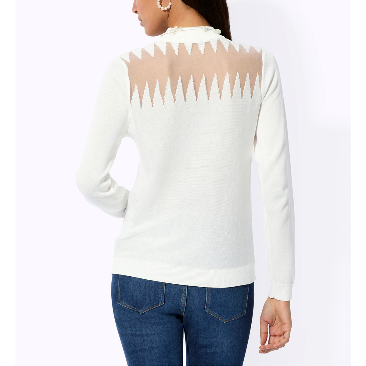 Feinstrickpullover m. Stehkragen und Netzmuster ecru