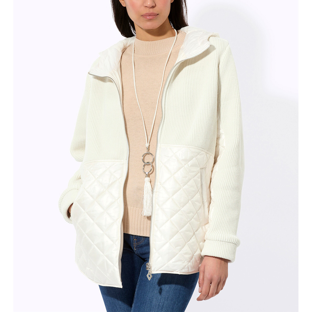 Materialmix-Jacke m. Kapuze ecru