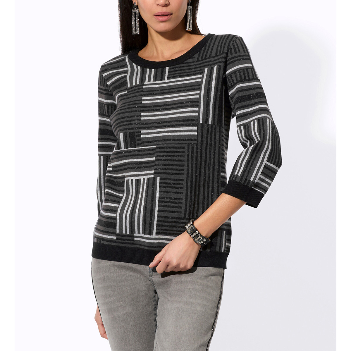3/4 Arm-Glanzgarn-Jacquardpullover graphit-schwarz-gemustert