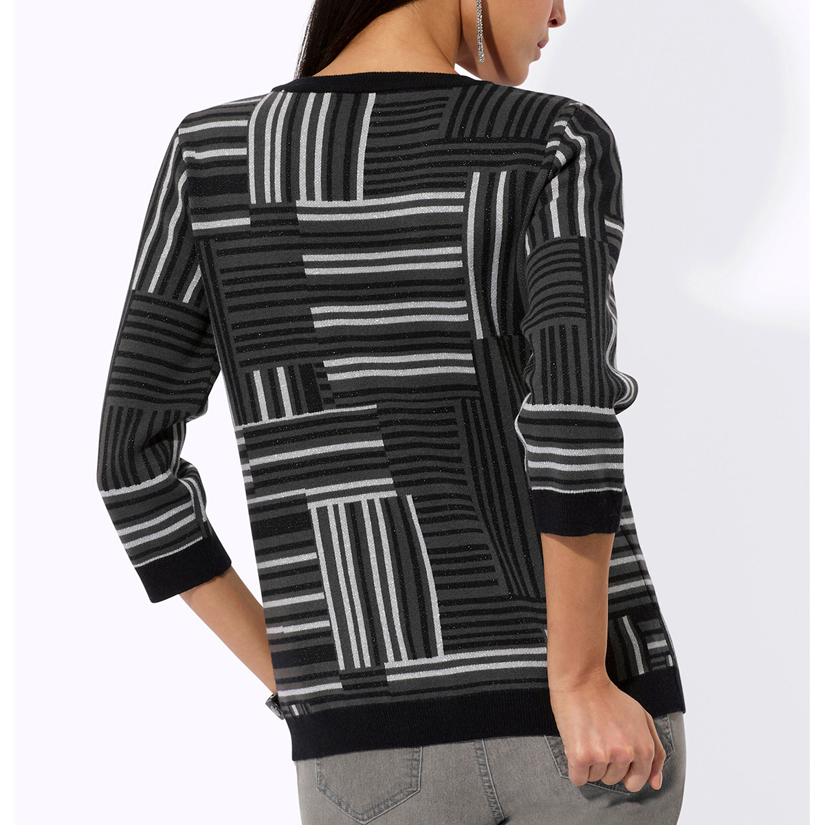 3/4 Arm-Glanzgarn-Jacquardpullover graphit-schwarz-gemustert