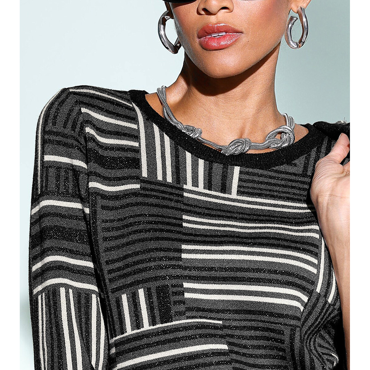 3/4 Arm-Glanzgarn-Jacquardpullover graphit-schwarz-gemustert