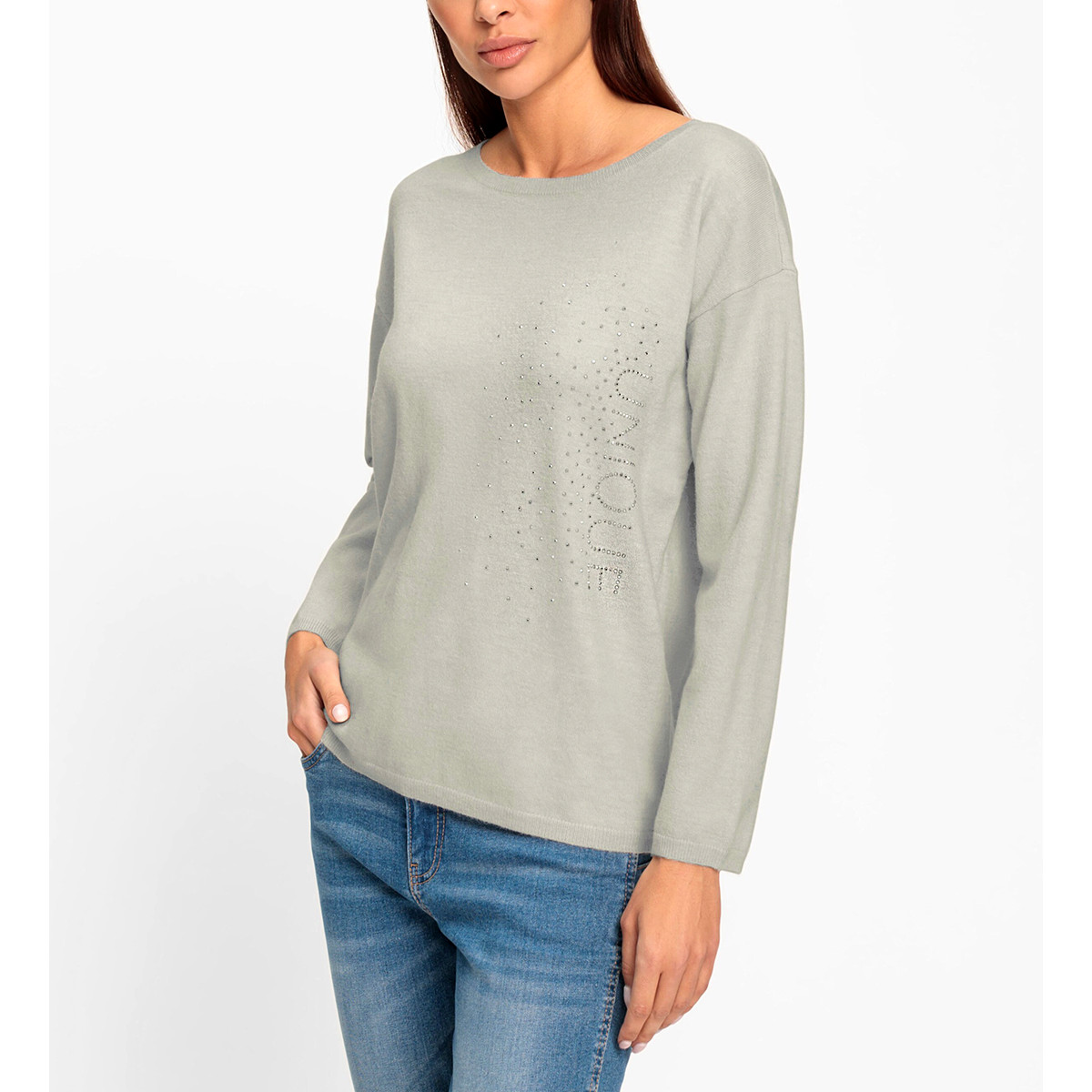 Pullover m. Schriftzug und Glitzersteinchen. hellgrau-meliert