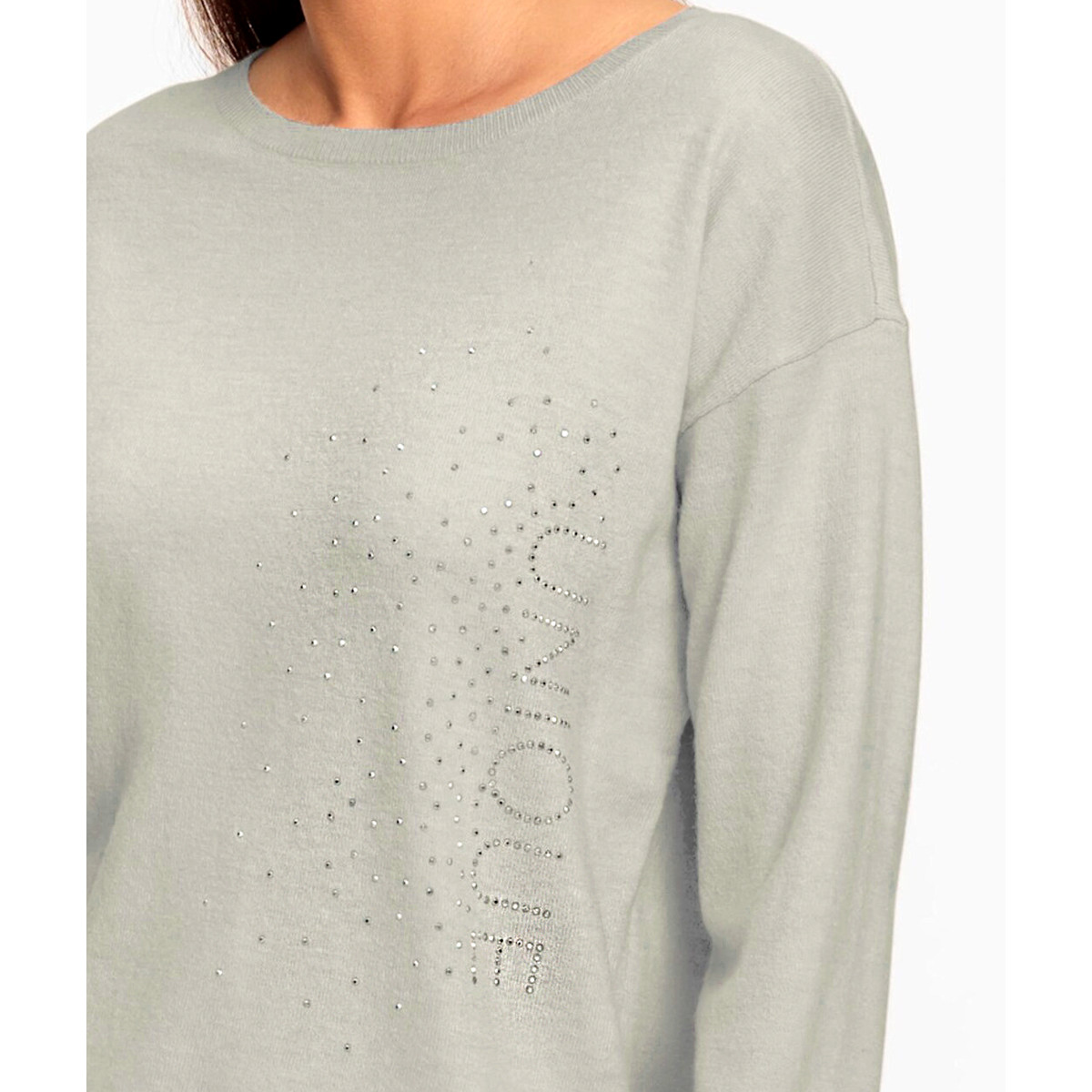 Pullover m. Schriftzug und Glitzersteinchen. hellgrau-meliert
