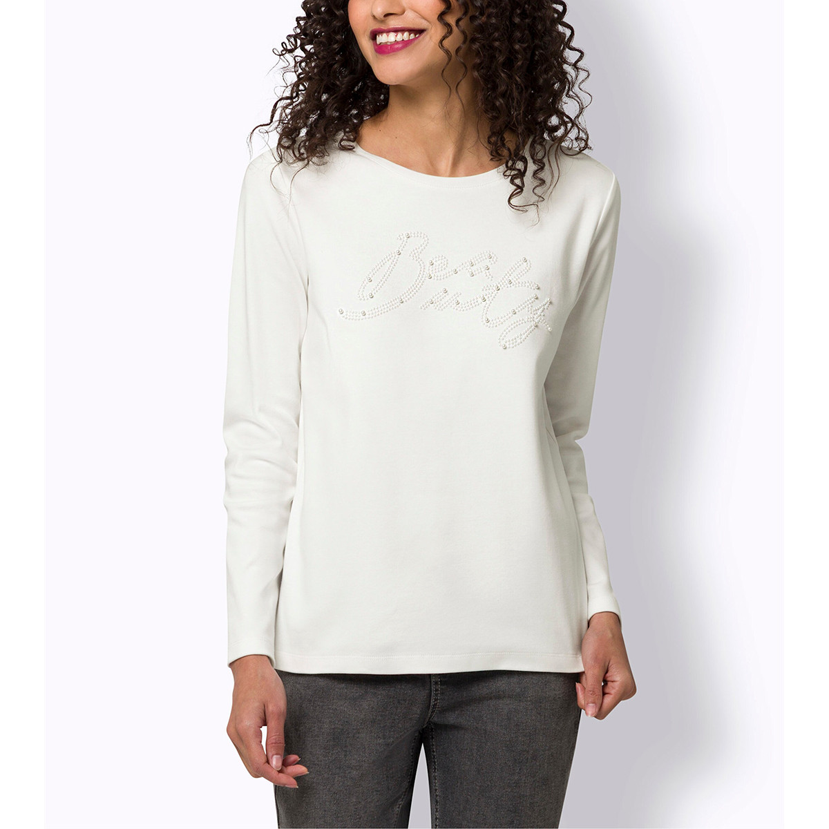 Sweatshirt m. Schriftzug und Zierperlen ecru