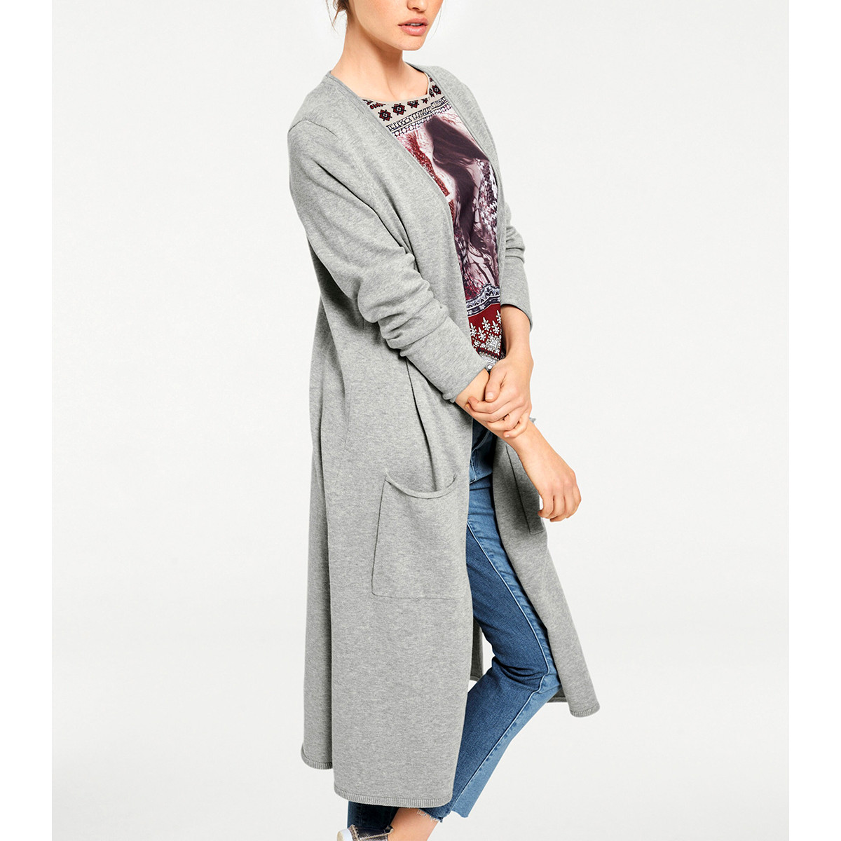 Longstrickjacke grau-melange