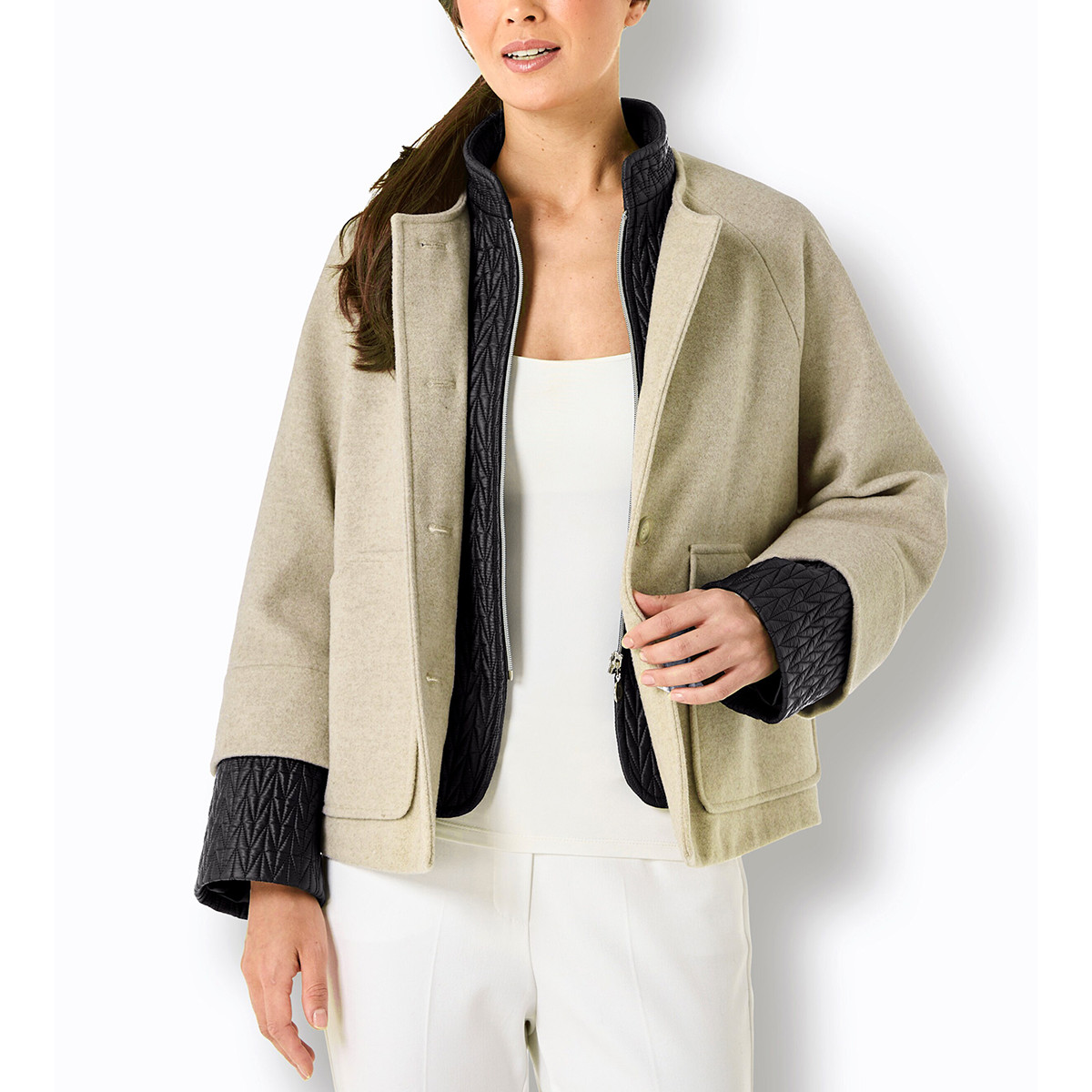 Wolljacke in 2-in-1-Optik beige-schwarz