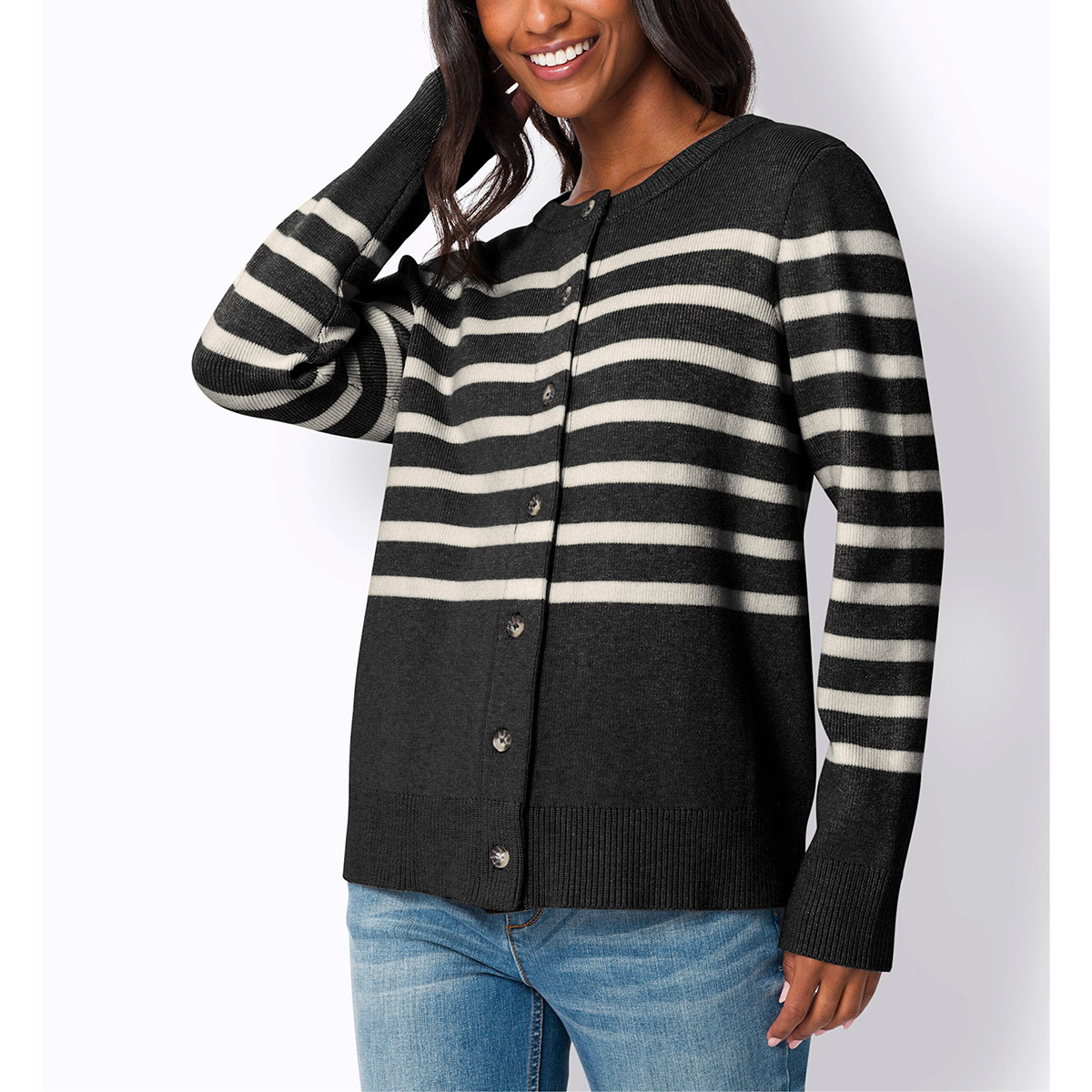 Strickjacke m. Streifen-Dessin schwarz-ecru