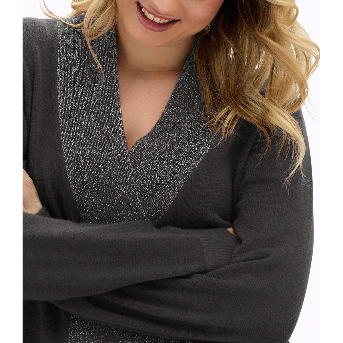 Longpullover m. hohem Schlitz und Glitzerblende graphit-grau-meliert