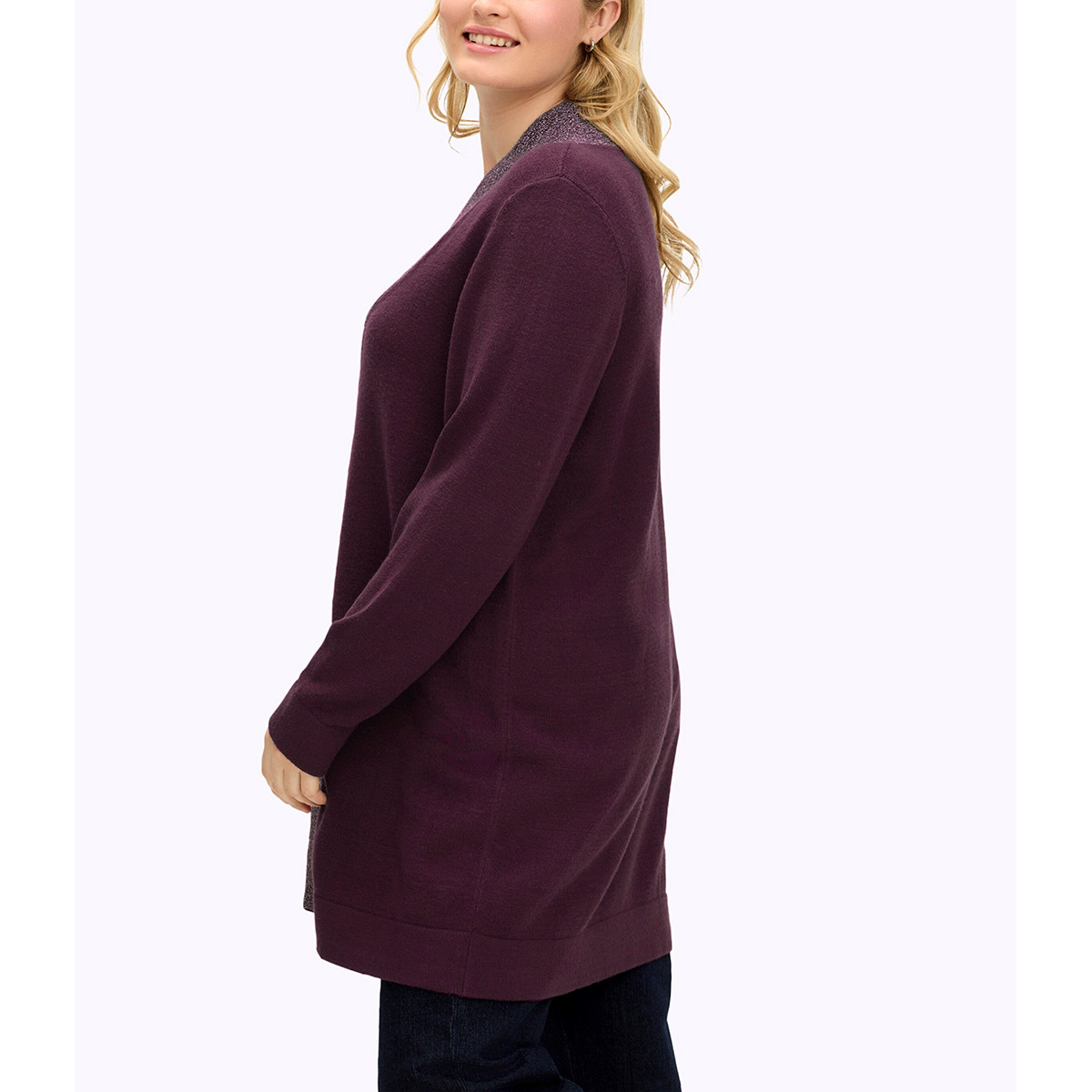 Longpullover m. hohem Schlitz und Glitzerblende burgund-flieder-meliert