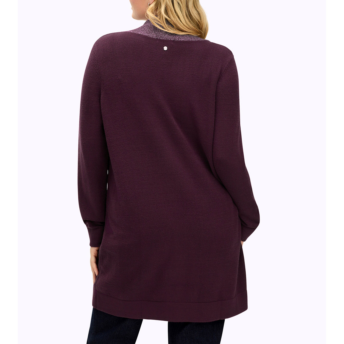 Longpullover m. hohem Schlitz und Glitzerblende burgund-flieder-meliert