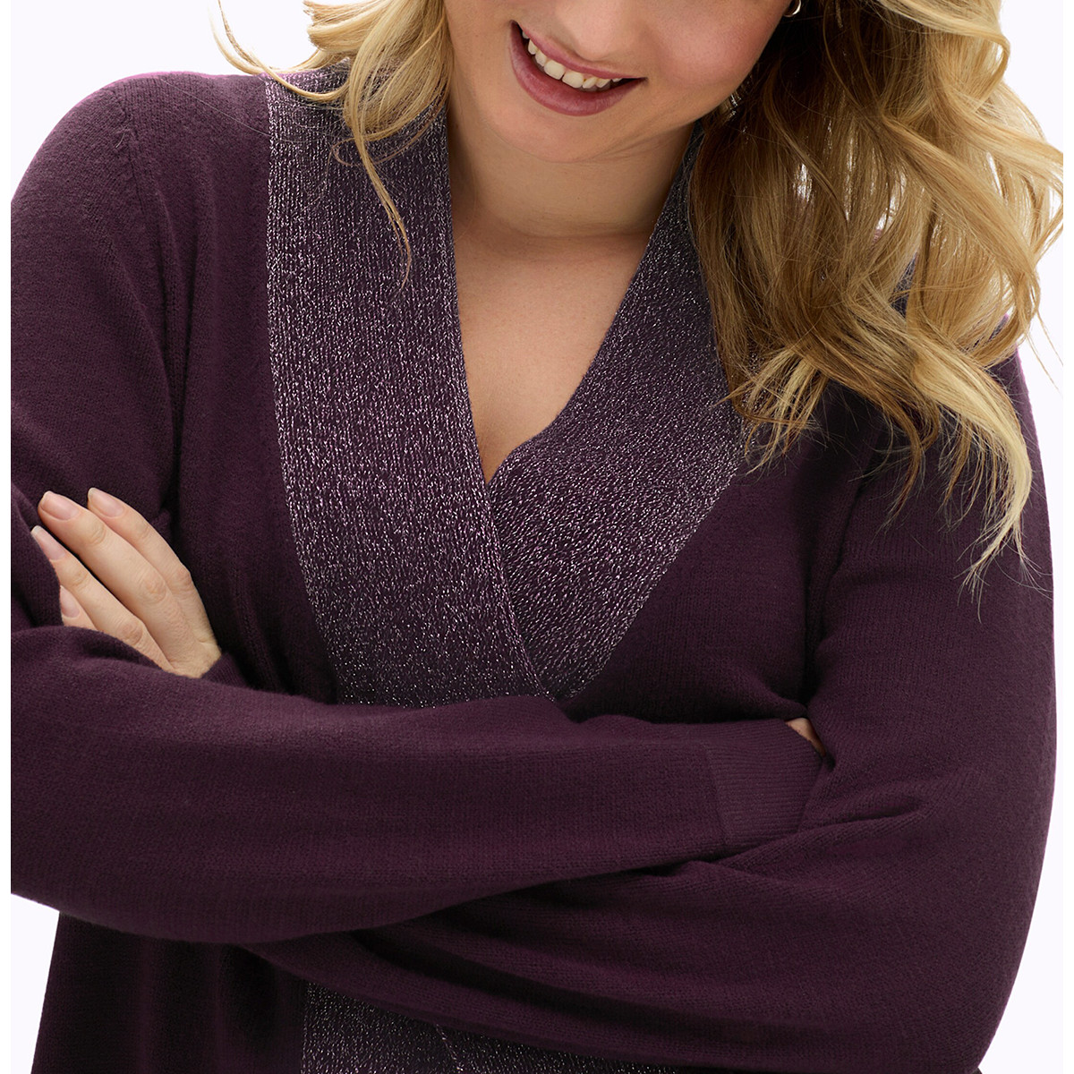 Longpullover m. hohem Schlitz und Glitzerblende burgund-flieder-meliert