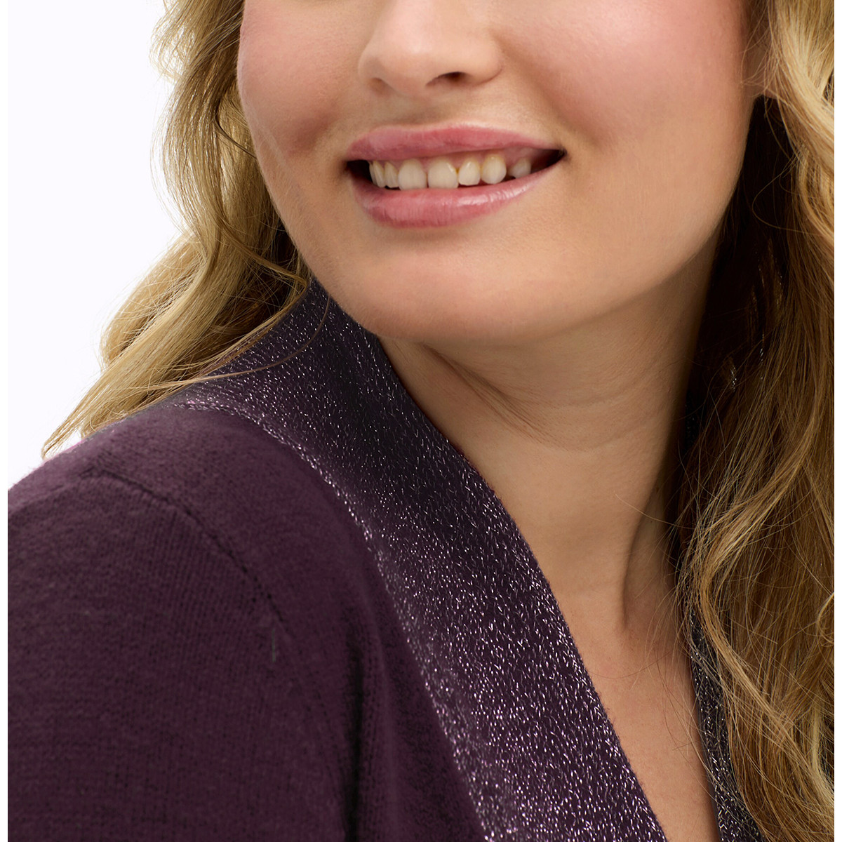 Longpullover m. hohem Schlitz und Glitzerblende burgund-flieder-meliert