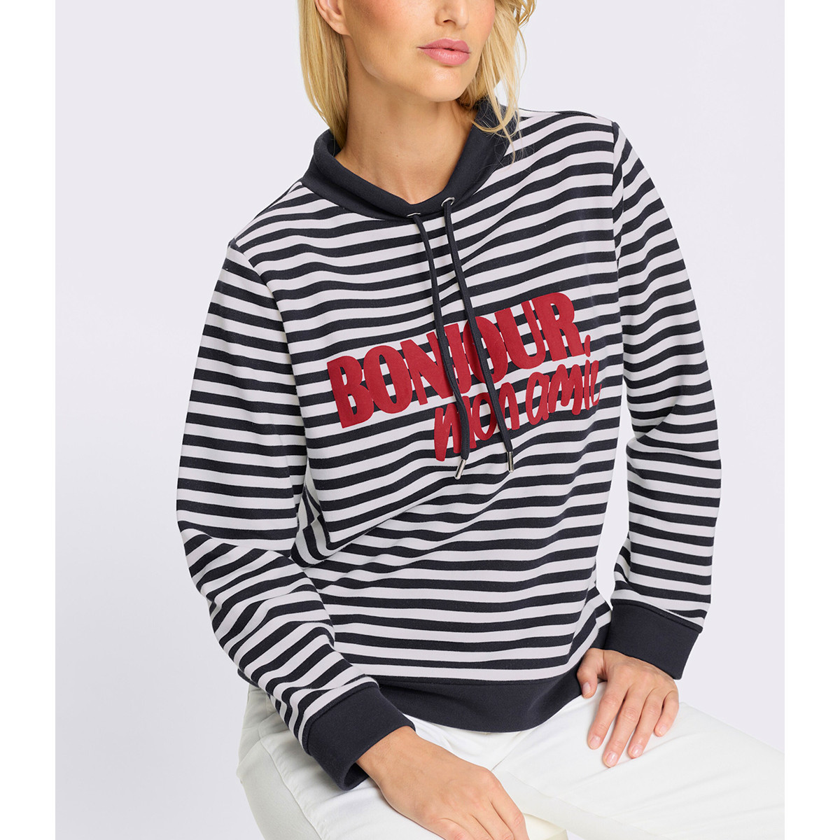 Sweatshirt m. Ringelmuster ecru-marine-bedruckt